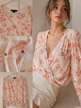 Anthropologie | Sanctuary Floral Faux Wrap Blouse Cream Pink Flowy Long Sleeve